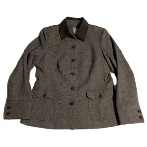 L.L.Bean Women's Brown Tweed Wool Blazer Leather Collar Size 12 EUC